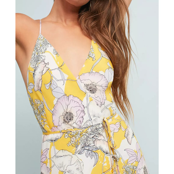 Yumi Kim Anthro Silk Floral Maxi Dress Rush Hour Wrap Tie Front Yellow Size XS - Picture 4 of 16